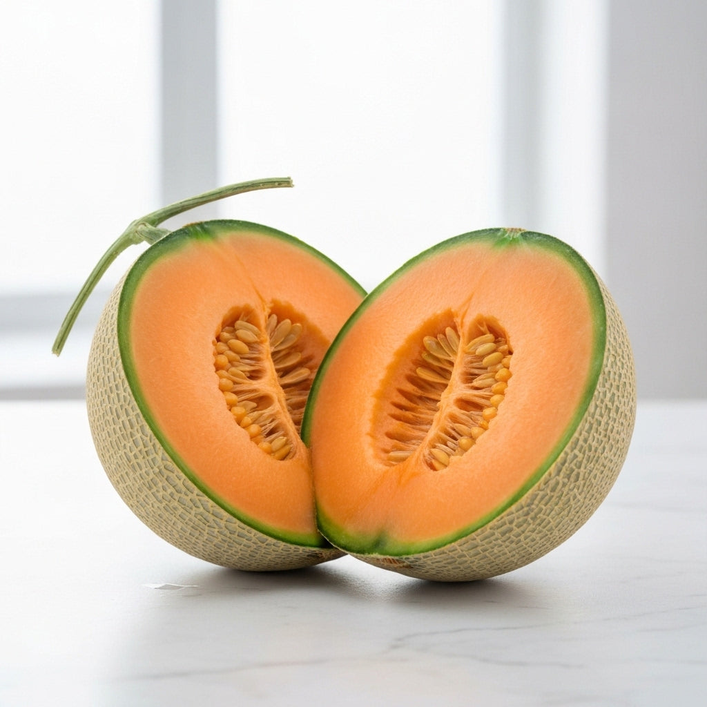 Un demi cantaloupe frais et juteux, sa chair orange vif exposée, reposant sur une surface blanche et moderne.
