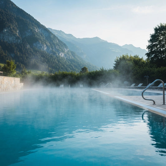 Piscine thermale extérieure des bains de Saillon avec vapeur et montagnes en arrière-plan, sous un ciel bleu serein.