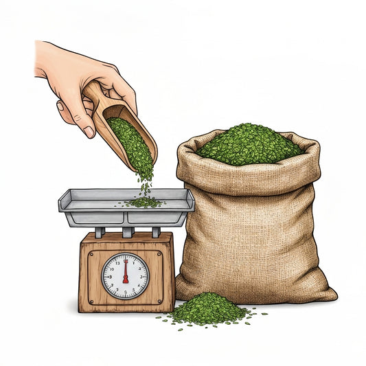 Achat maté en vrac suisse: croquis d'une main tenant une pelle de maté en vrac au-dessus d'une balance.
