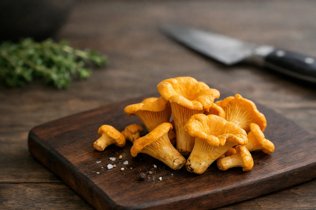 Chanterelles fraîches sur une planche en bois, sublimes pour 3 recettes. La saison des chanterelles est un délice.