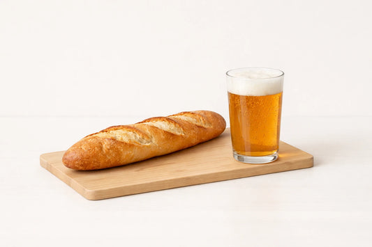 Baguette croustillante et boisson artisanale fraîche, illustration minimaliste d'un duo suisse.
