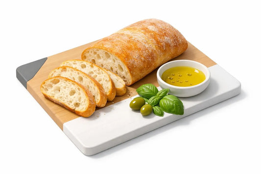 Pain ciabatta italien frais coupé sur planche, accompagné d'huile d'olive et basilic. Image 3D isométrique moderne et ludique