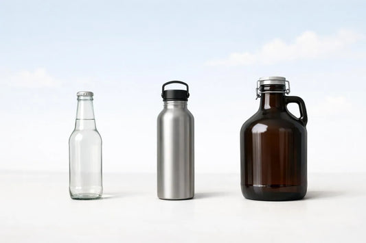Illustration minimaliste de bouteilles réutilisables pour boissons, représentant les solutions conditionnement zéro déchet.