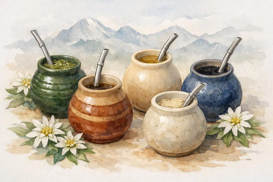 Comparatif boissons maté suisses: illustration aquarelle de cinq gourdes de maté distinctes avec bombillas et fleurs suisses.