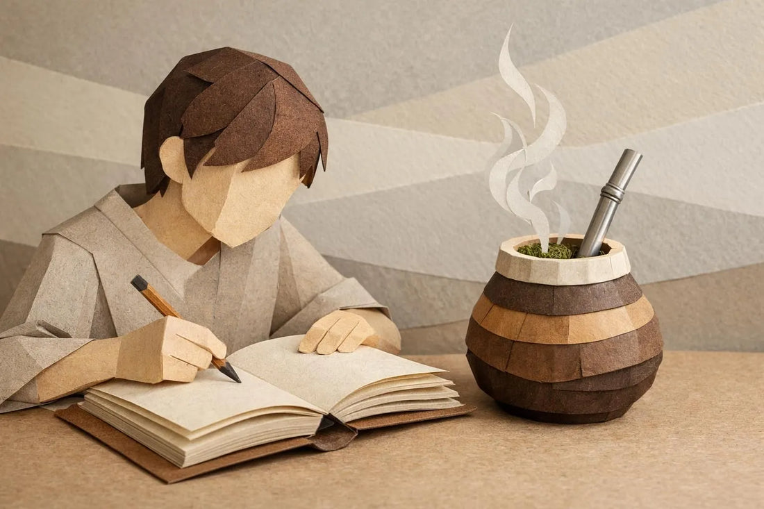 Étudiant concentré buvant du maté paper craft pour la concentration et l'étude. Alternative naturelle et créative.