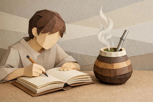 Étudiant concentré buvant du maté paper craft pour la concentration et l'étude. Alternative naturelle et créative.
