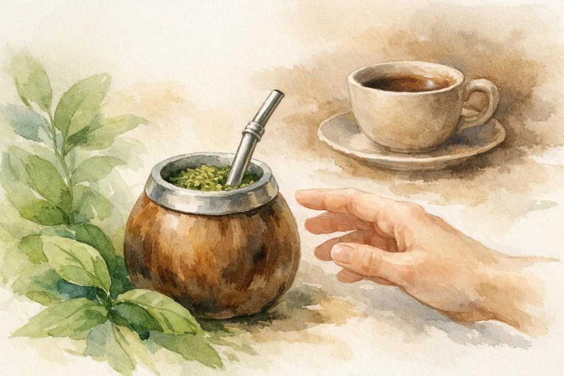 Illustration aquarelle douce montrant le choix entre maté et café, invitant à découvrir pourquoi choisir maté plutôt que café