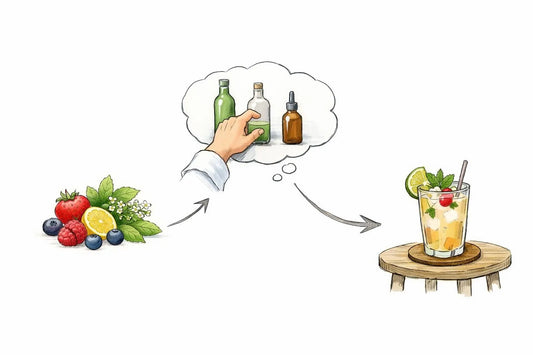 Dessin esquissé : processus de choix et valorisation d'une boisson bio pour restaurant végétarien, des ingrédients au service