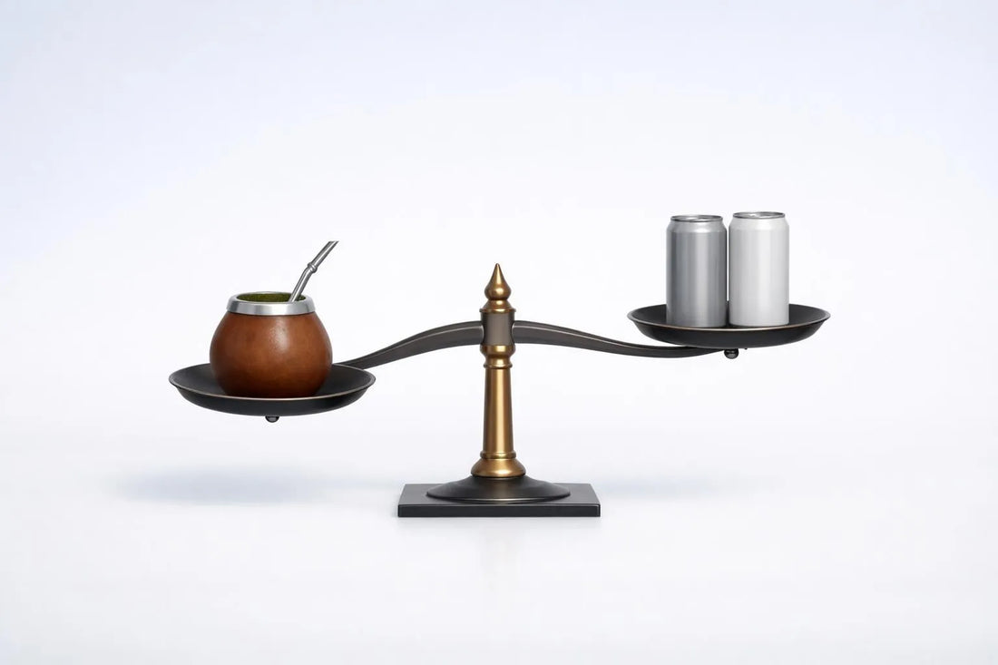 Illustration minimaliste d'une balance: maté d'un côté, boissons énergisantes de l'autre, soulignant l'avantage du maté.