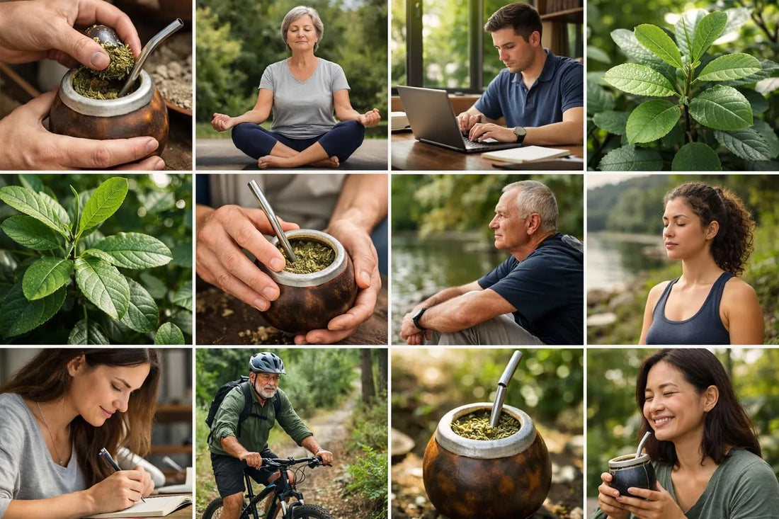 Collage: maté énergétique sans effet secondaire. Personnes dynamiques, calmes et diverses profitant de l'énergie naturelle.