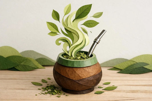 Avantages boisson maté faible sucre. Une infusion énergisante en papier craft symbolisant la transformation d'énergie.