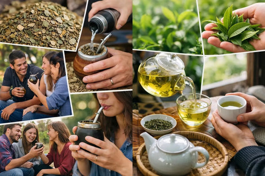 Collage photo authentique comparant la préparation et dégustation du maté et du thé vert, soulignant leurs différences en 202