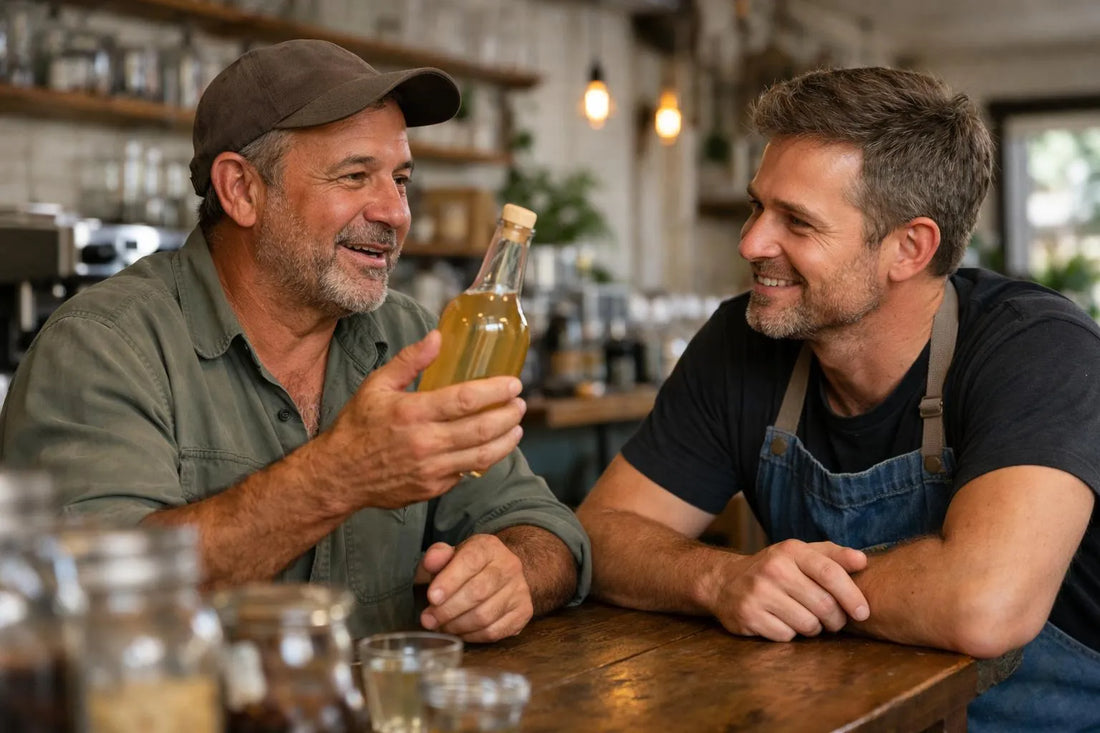 Partenariat B2B boisson locale. Producteur et gérant de café souriants avec bouteille artisanale. Clés d'une collaboration.