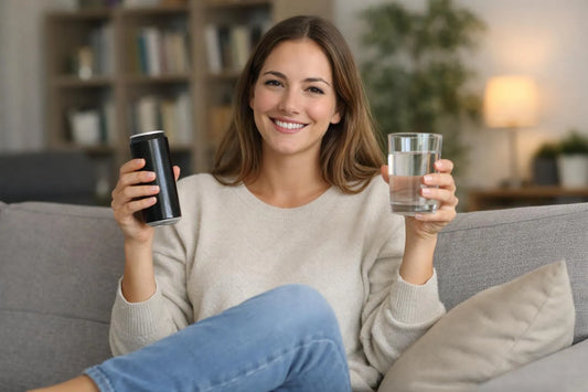 Femme tenant une boisson énergisante et un verre d'eau, comparant les mythes sur les boissons énergisantes.